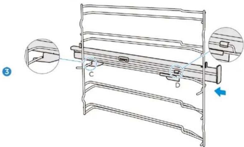 Technical diagram of a mechanical assembly with labeled components C and D, showing cross-sectional views and a blue directional arrow.