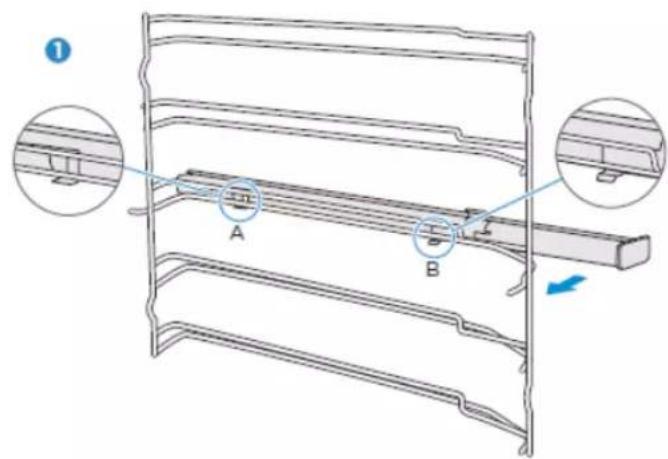 Technical diagram of a multi-layered storage rack with labeled components A and B, showing structural details and component positioning.