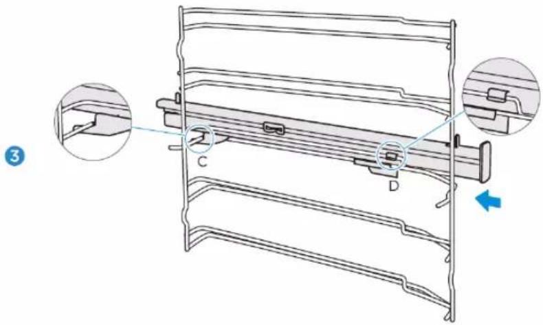 Technical diagram of a mechanical component with labeled parts C and D, showing cross-sectional views and a blue directional arrow.