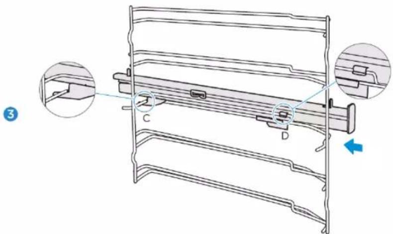 Technical diagram of a mechanical assembly with labeled components C and D, showing cross-sectional views and a blue directional arrow.