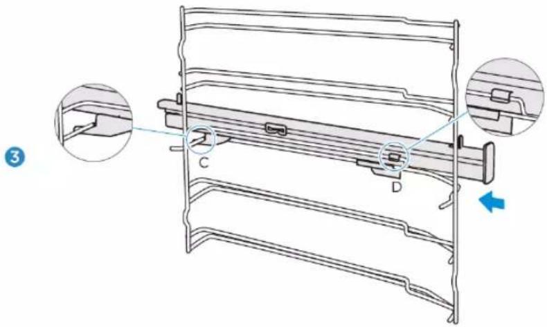 Technical diagram of a mechanical component with labeled parts C and D, showing cross-sectional views and a blue directional arrow.