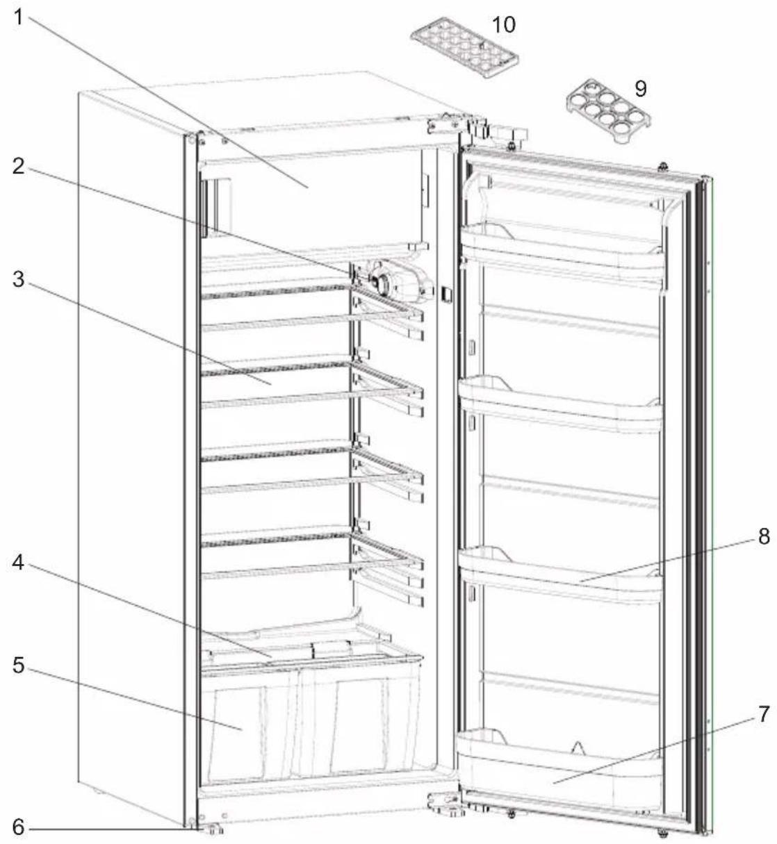Technical diagram of a refrigerator with numbered parts for identification and assembly reference