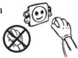 Hand-drawn safety warning illustration showing a smiling face, a crossed-out hand holding a phone, and a fist with a crossed-out hand.