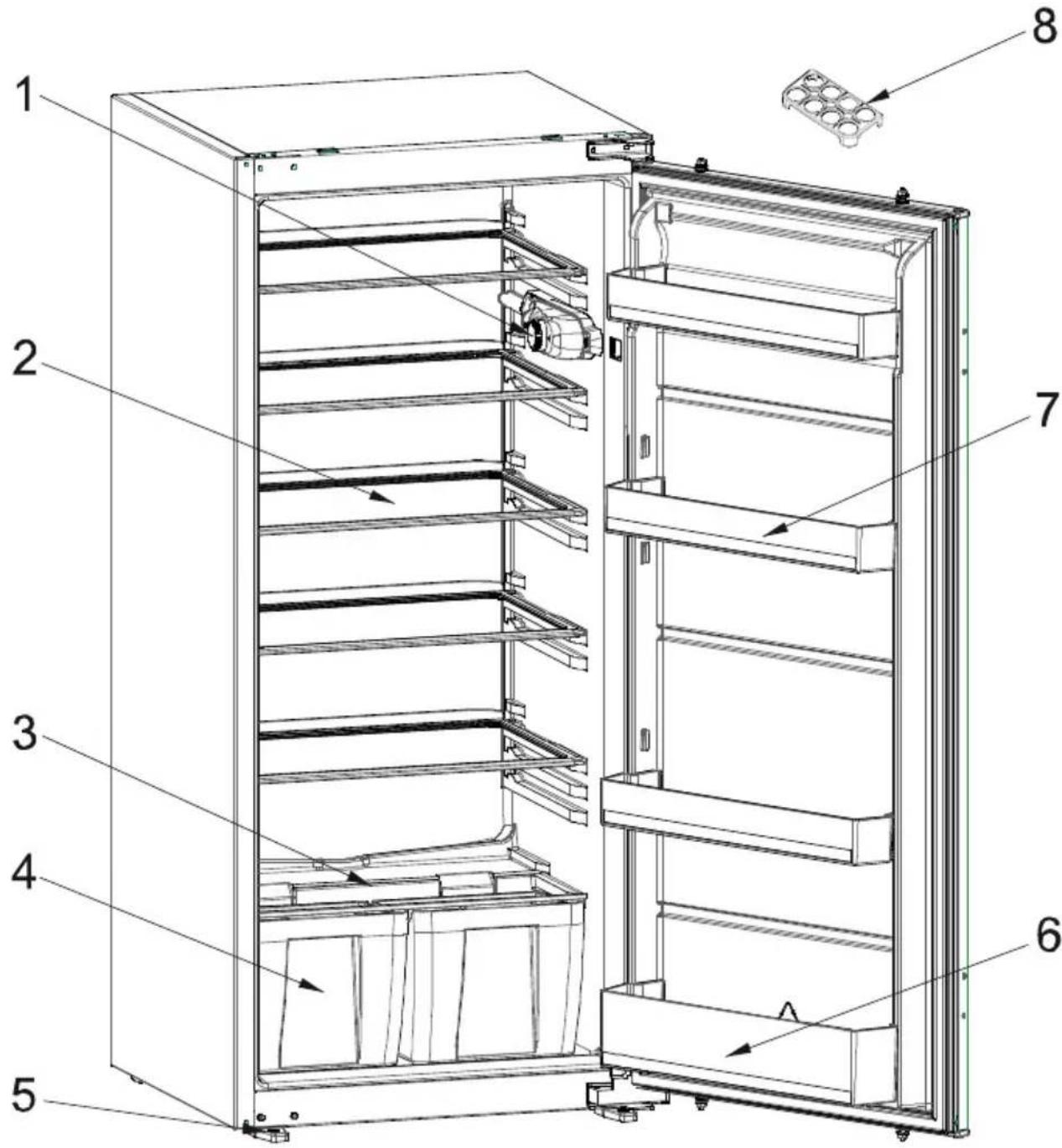 Technical diagram of an 8'- refrigerator with numbered parts and internal components labeled