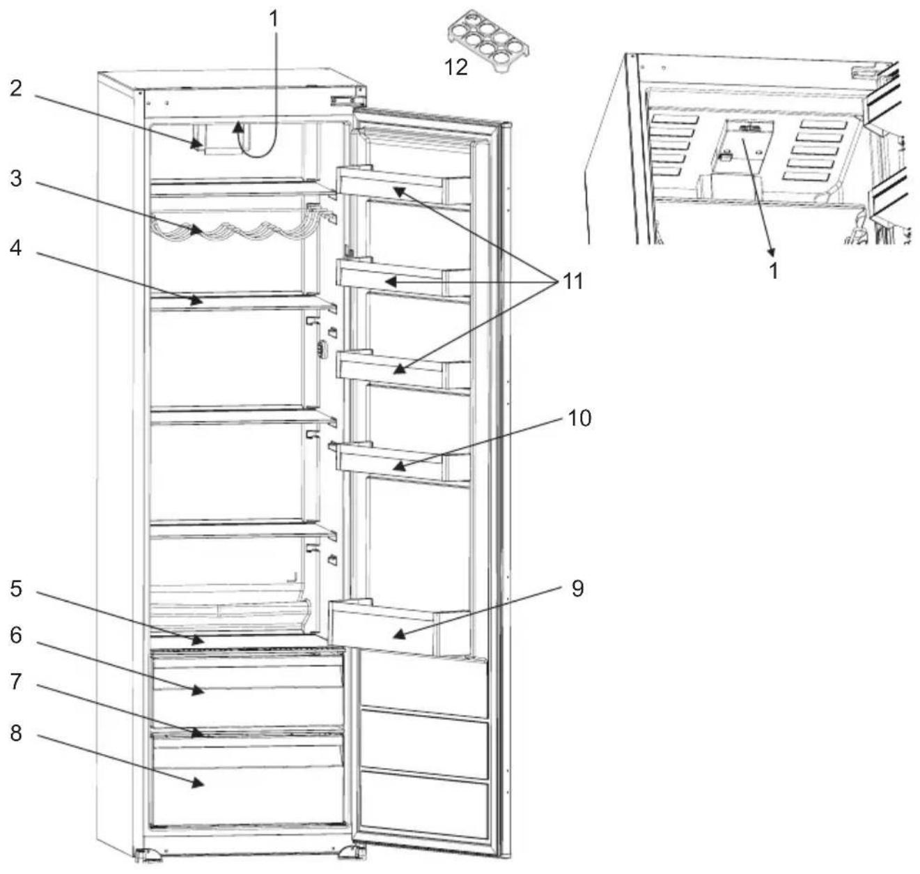 Technical diagram of a refrigerator with numbered components and airflow indicators, including a close-up view of the interior panel.
