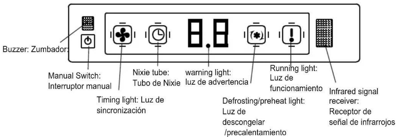 Buzzer: Zumbador: Manual Switch: Interruptor manual Timing light: Luz de sincronización Nixie tube: Tubo de Nixie warning light: luz de advertencia Defrosting/preheat light: Luz de descongelar /precalentamiento Running light: Luz de funcionamiento Infrared signal receiver: Receptor de señal de infrarrojos