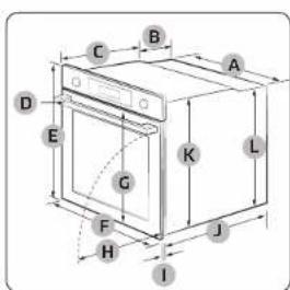 Technical diagram of an oven with labeled components and dimensions