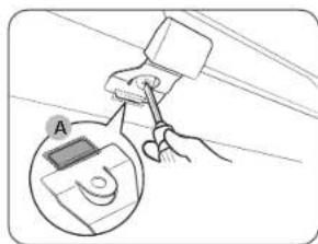Diagram showing a hand using a switch to adjust a device, with an inset image labeled 'A' highlighting the component.