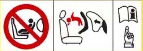 Safety warning symbols including no/no sign, seat, hand gesture, and open book icon