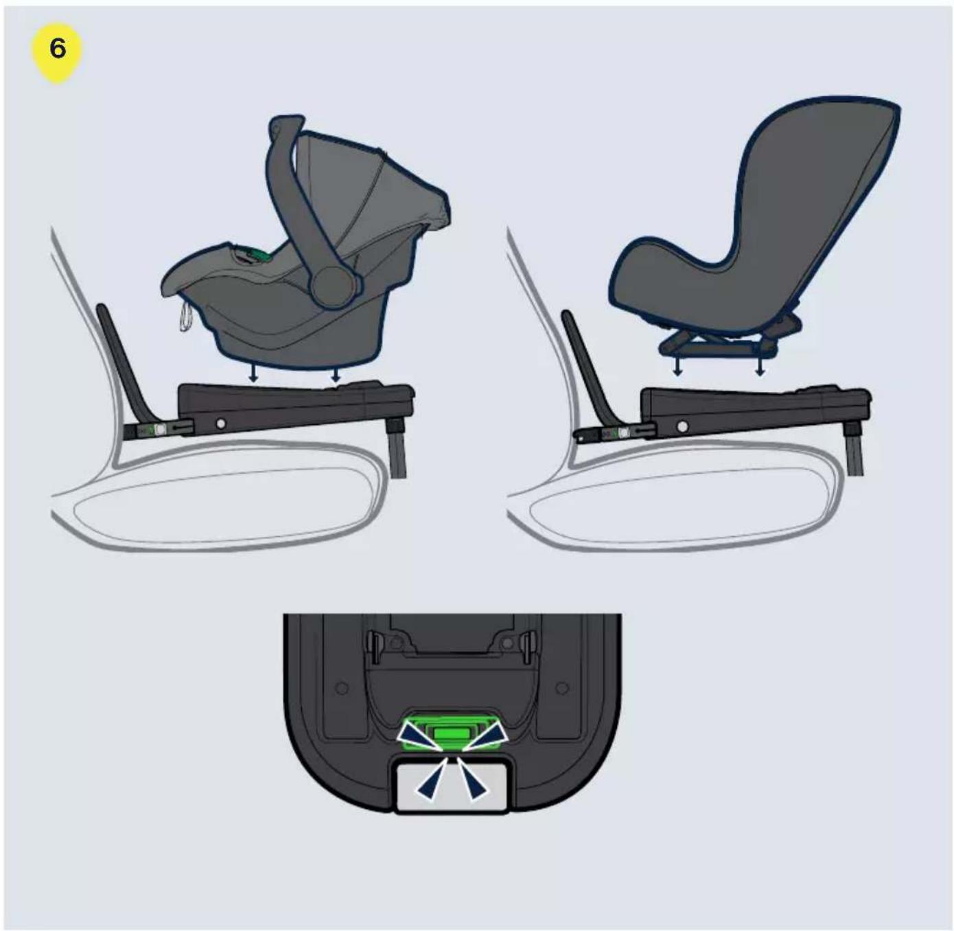 Diagram illustrating car seat assembly and back panel installation, showing front and side views with labeled parts.