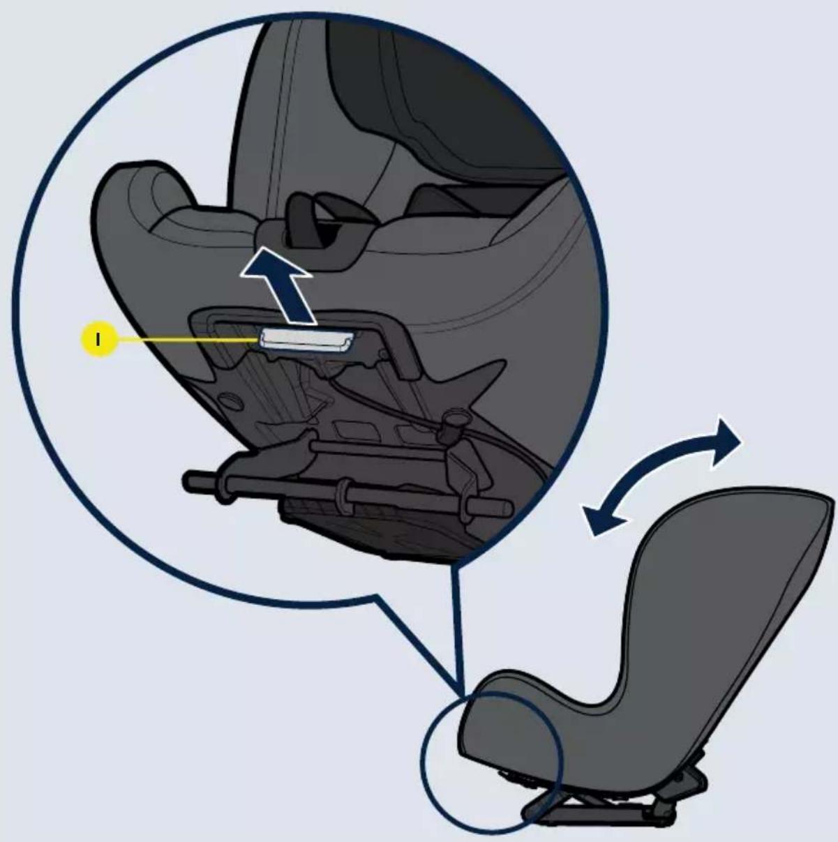 Diagram illustrating car seat assembly with labeled parts and directional arrows indicating movement or assembly.