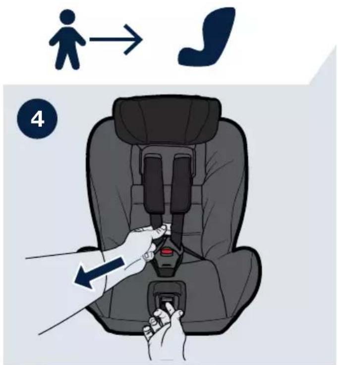 Illustration showing a person adjusting a seatbelt with a numbered step and directional arrow