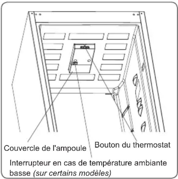 Couvercle de l'ampoule Interrupteur en cas de température ambiante basse (sur certains modèles) Bouton du thermostat