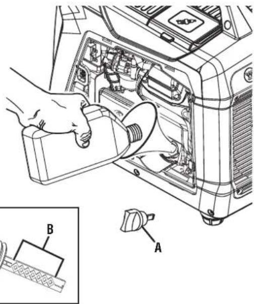 Technical diagram showing a hand inserting a component into an internal device, with labeled parts A and B.