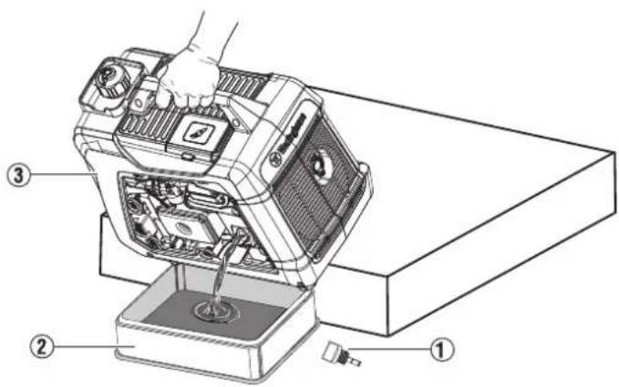 Technical diagram of a device with numbered parts, showing internal components and a base with a switch.