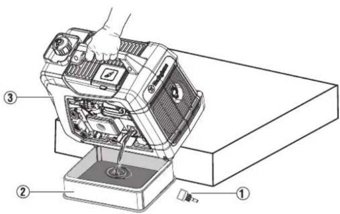 Technical diagram of a device with numbered parts, showing internal components and a base with a switch.