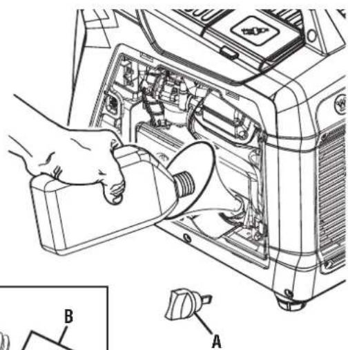 Technical diagram showing a hand inserting a component into an electronic device with labeled parts A and B