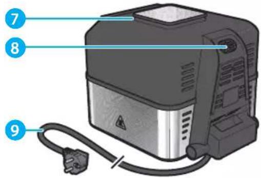 Diagram of a toaster with numbered parts labeled 7, 8, and 9 pointing to the front panel.