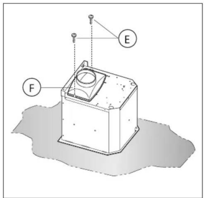 Technical diagram of a mechanical component with labeled parts F and E, showing internal structure and alignment indicators.