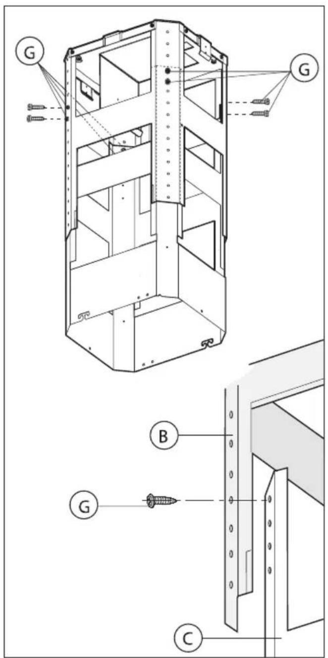 Technical diagram of a multi-level elevator shaft assembly with labeled components G and B, showing internal structure and mounting details.