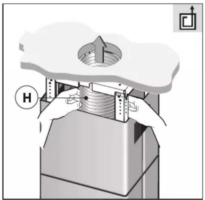 Technical diagram showing a mechanical assembly with labeled component H and directional arrows indicating movement or force.