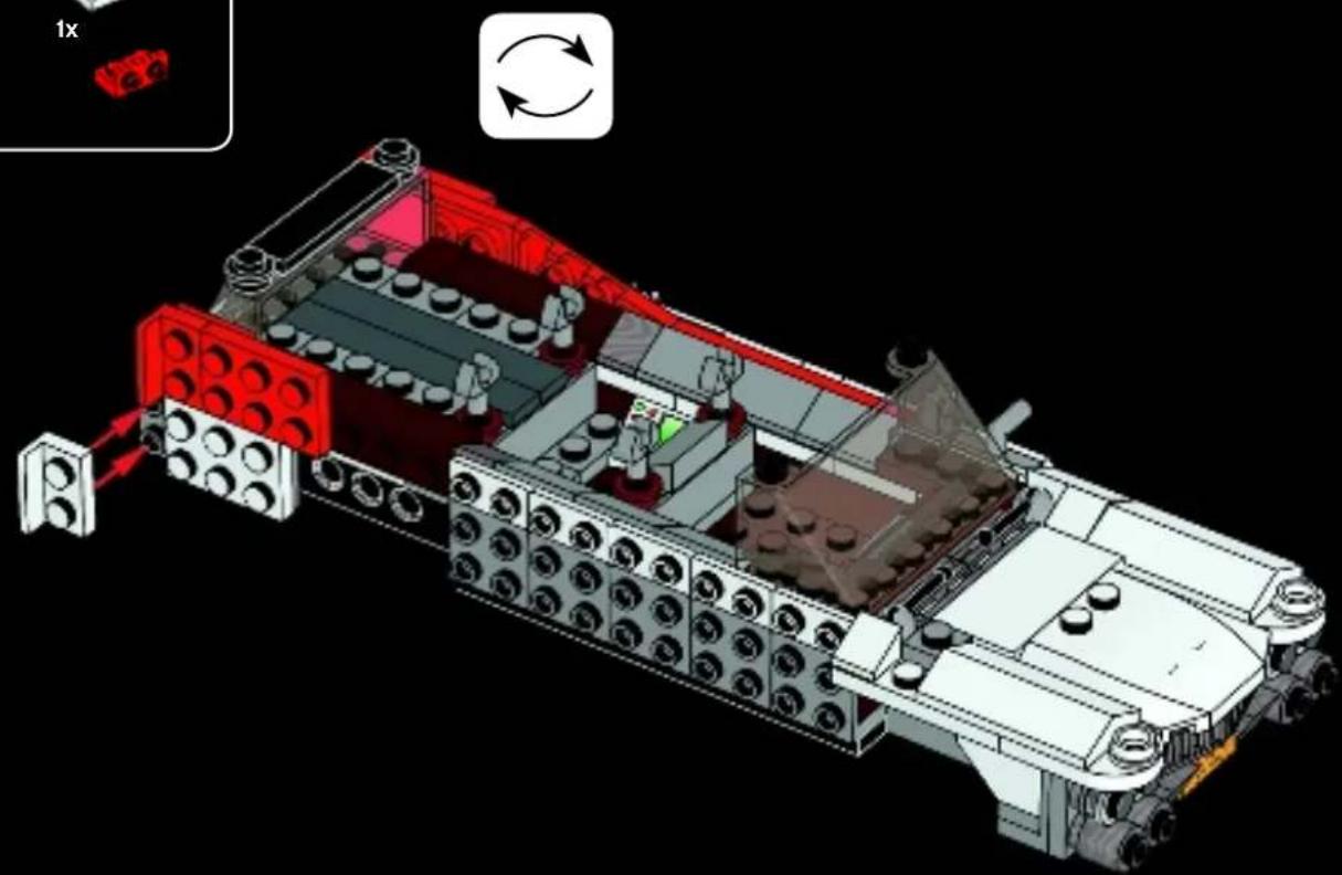 3D diagram of a LEGO car chassis with red structural elements and a gear mechanism, showing no text or symbols.