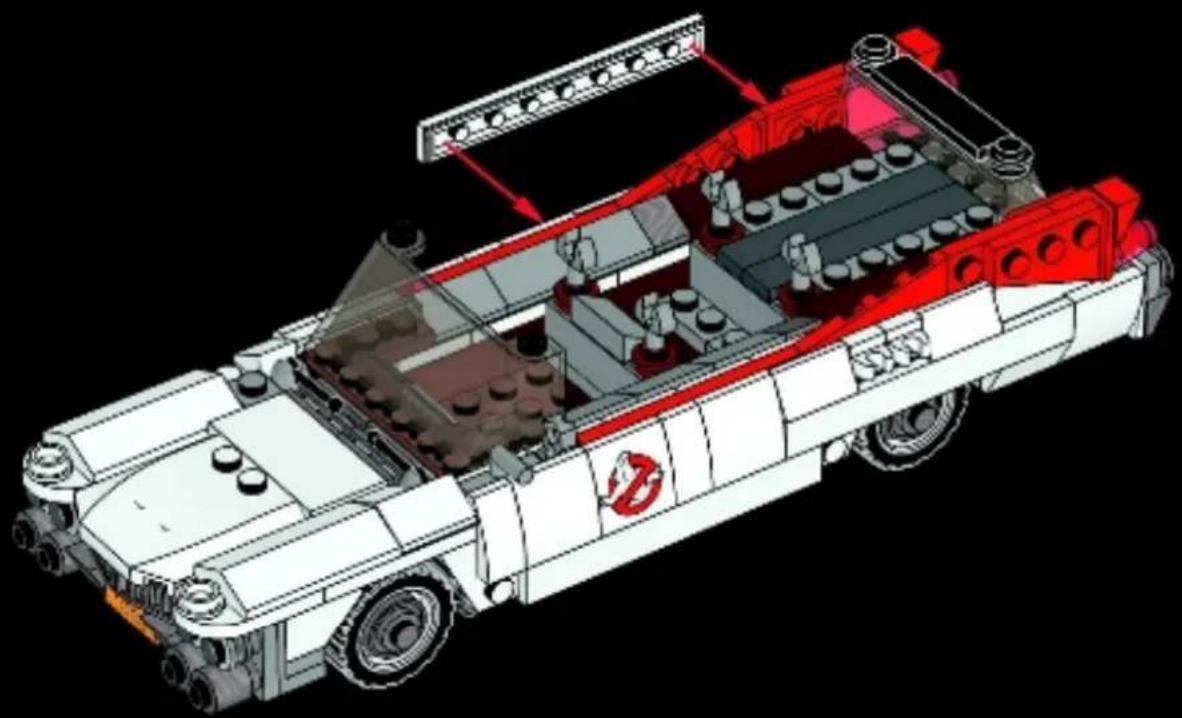 3D cutaway illustration of a LEGO car showing interior components and structural elements.