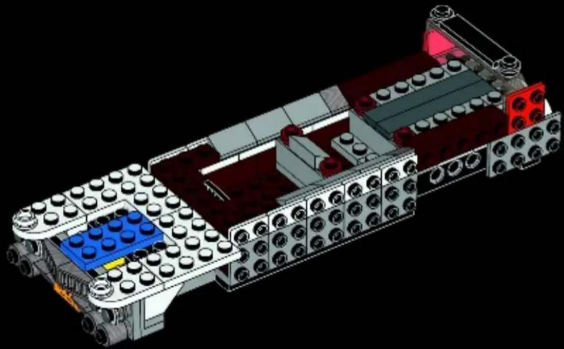 3D architectural rendering of a LEGO building assembly with visible structural elements and components (no text or symbols).