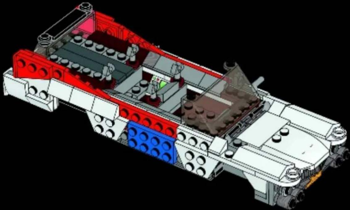 3D architectural cutaway diagram of a LEGO car with red and blue structural elements (no text or symbols)