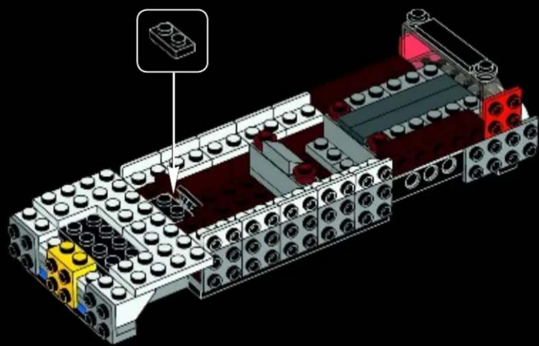 3D diagram of a LEGO building assembly with visible structural elements and components (no text or labels)