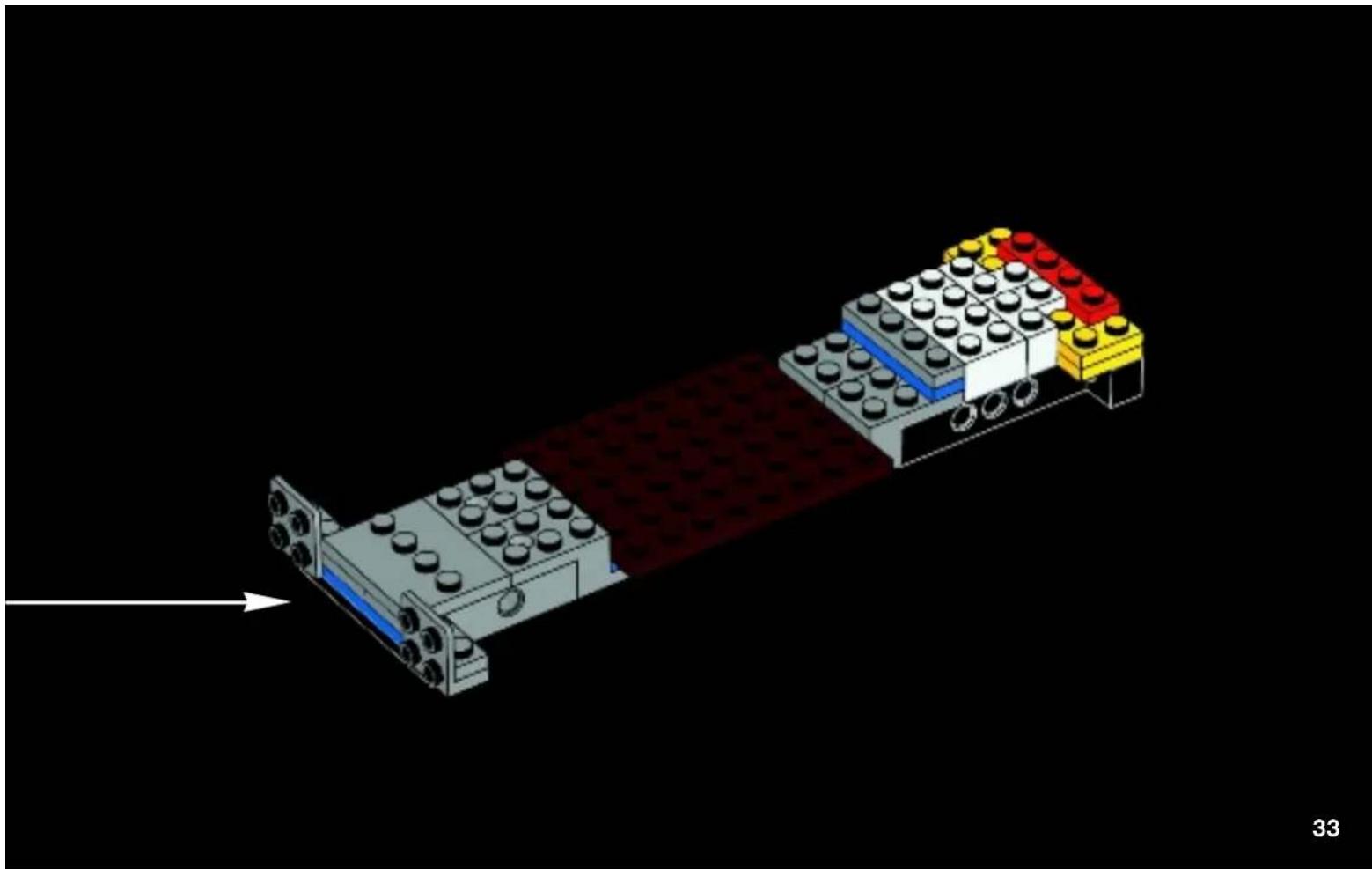 3D diagram of a LEGO mechanical assembly with a highlighted section showing color mapping (no text or symbols)