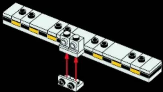 3D diagram of a mechanical assembly with numbered components and red directional arrows indicating assembly or movement (no text or symbols)