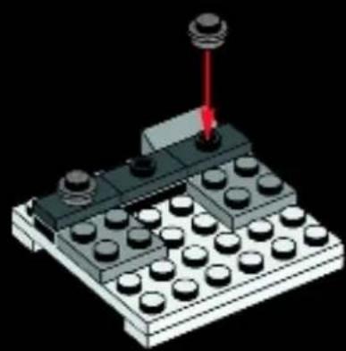 3D diagram of a mechanical assembly with a red pointer and black components on a grid base, no text or symbols.