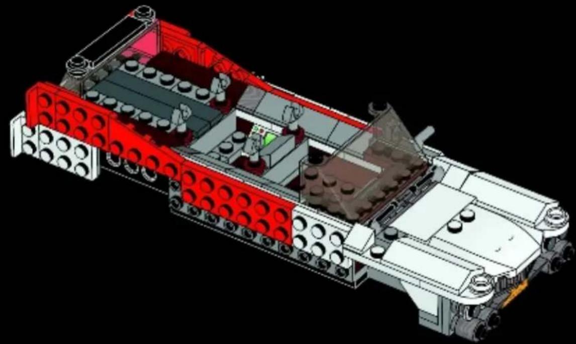 3D architectural rendering of a red and white LEGO vehicle chassis with internal components (no text or symbols visible)