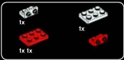 Four LEGO-shaped blocks with red and white faces, each labeled '1x' (no additional text or symbols)