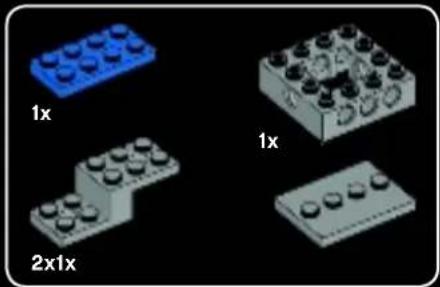 Four LEGO-shaped blocks with different sizes and faces, labeled 1x and 2x1x (no text or symbols on the blocks themselves)