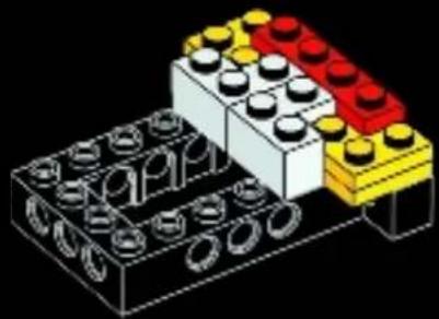 3D diagram of a LEGO brick structure with multiple stacked blocks and circular components (no text or symbols)