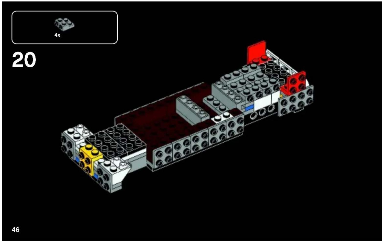 3D architectural model of a building layout with LEGO blocks and a highlighted section, labeled with dimensions 4x and 20 (no text or symbols on the model itself)