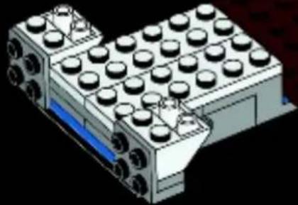 3D rendering of a LEGO mechanical component with multiple circular holes and a blue stripe (no text or symbols)