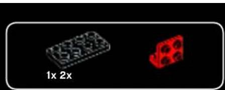 Two 3D object shapes: a rectangular block labeled '1x 2x' and a red cube-like structure (no text or symbols on the shapes themselves)
