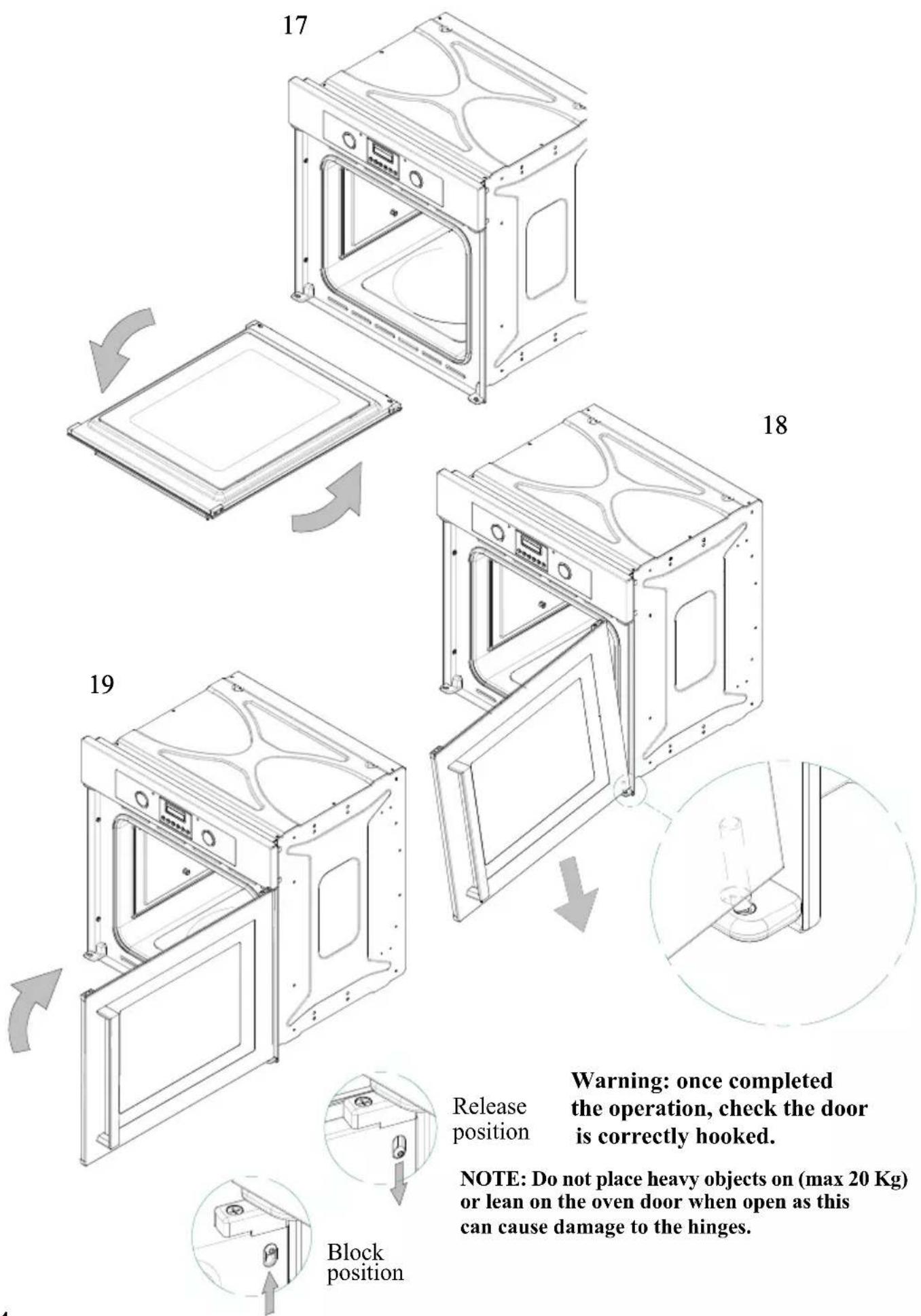 17 18 19 Release position Block position Warning: once completed the operation, check the door is correctly hooked. NOTE: Do not place heavy objects on (max 20 Kg) or lean on the oven door when open as this can cause damage to the hinges.