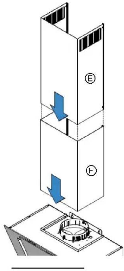 Diagram showing a mechanical or structural assembly with labeled components E and F, and directional arrows indicating flow or movement.