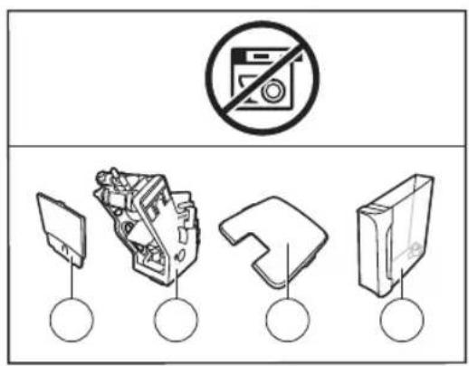 Diagram illustrating four types of electronic devices with a 'No' prohibition symbol above, including battery, switch, resistor, and capacitor.