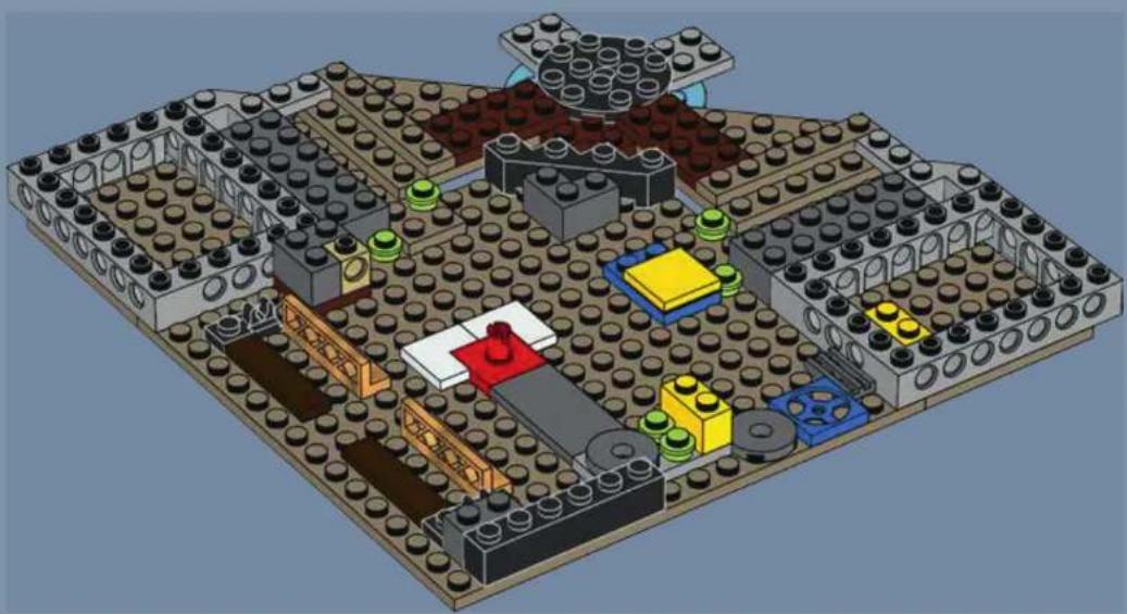 3D architectural rendering of a LEGO building complex with multiple brickwork and colored blocks (no text or symbols visible)