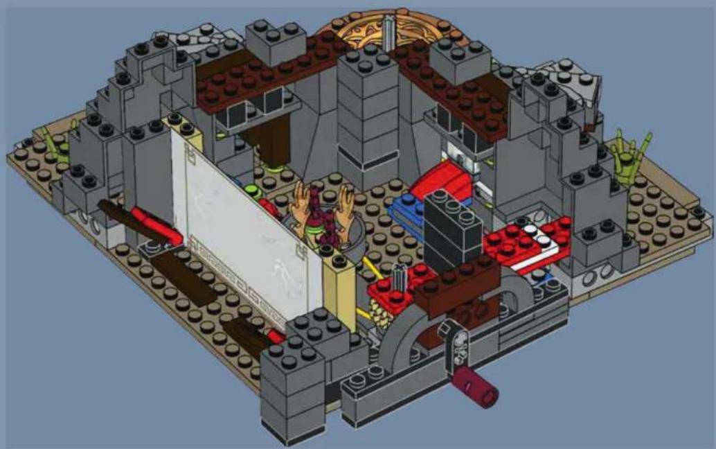 3D architectural cutaway of a LEGO building interior showing structural elements and furniture (no text or symbols visible)