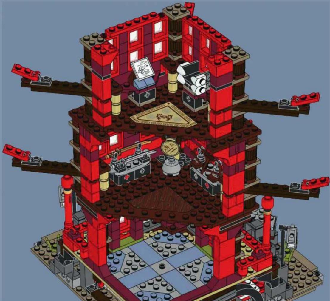 3D architectural model of a multi-story building with red brick walls, featuring internal components like medical equipment and a clock (no text or symbols visible)