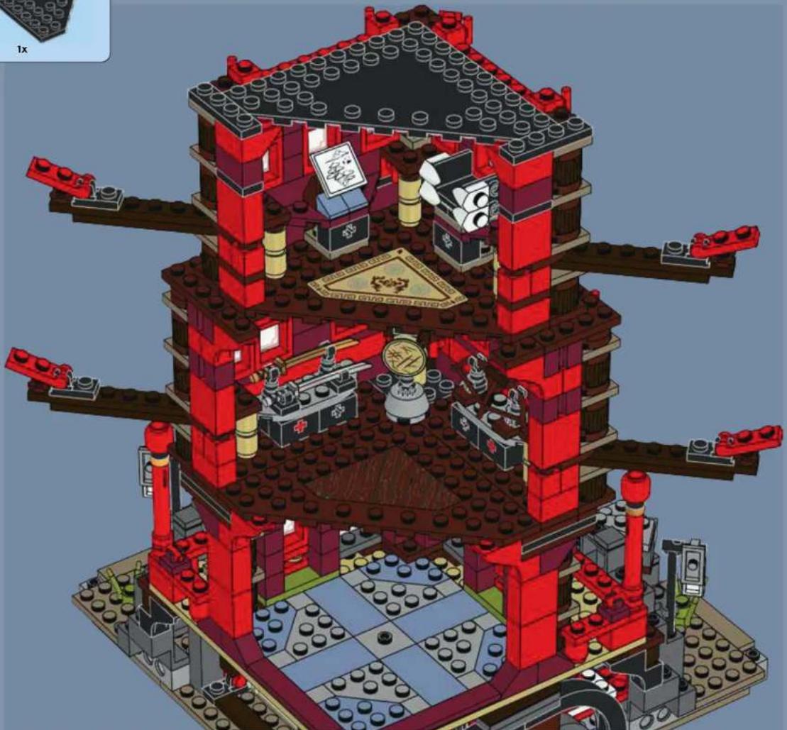 3D architectural cutaway of a LEGO building with red walls, doors, and equipment (no visible text or symbols)