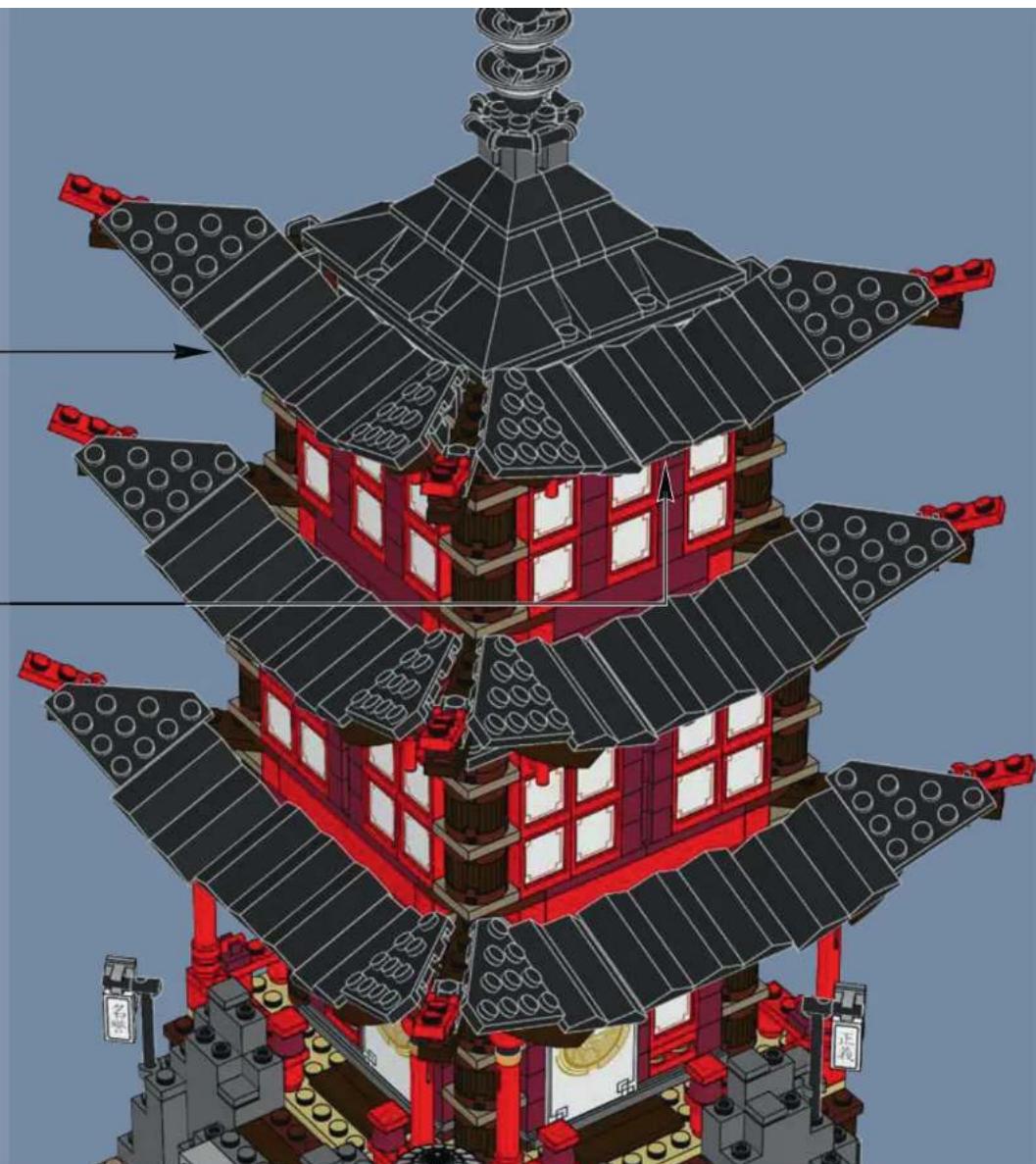 3D architectural model of a multi-tiered traditional Chinese pagoda with red walls and black tiled roofs (no text or symbols visible)
