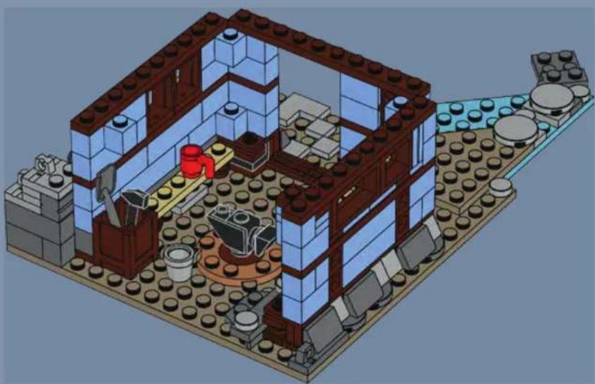 3D architectural rendering of a LEGO building interior with brick walls, pipes, and storage tanks (no text or symbols visible)