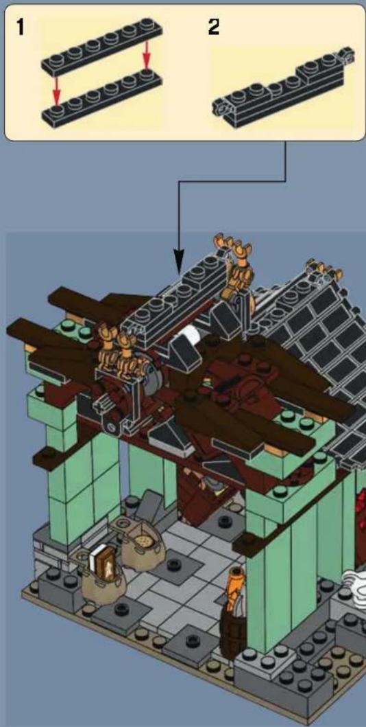 Lego assembly diagram showing two steps of building structure with numbered components and a detailed view of the interior layout.